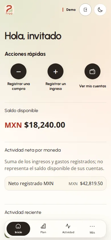 Interfaz de demostración de 2 Free con datos ficticios.